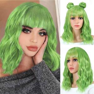 CLIONE Green Wigs for Women Short Wavy Bob Wig with Bangs Shoulder Length Natural Wavy Synthetic Wig Short Fluffy Bob Curly Wigs Cosplay Party Costume WigsMix Green 14 Inch