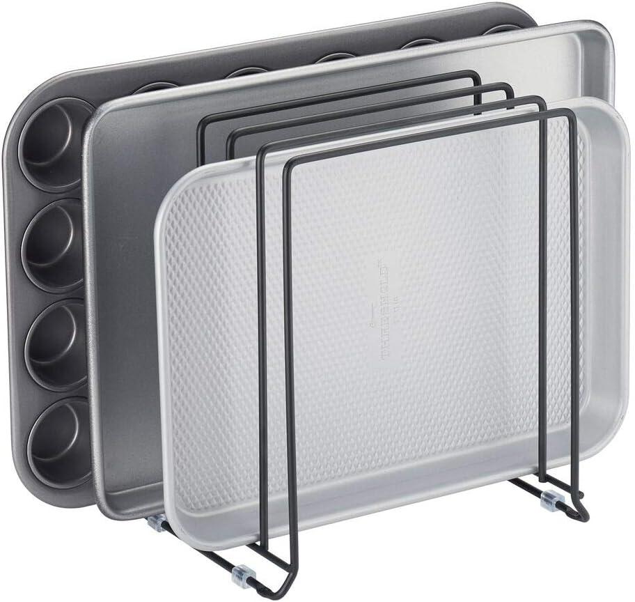 mDesign Pot Lid and Pan Rack  Metal Wire Rack for Cabinets, Pantries or Kitchen Surfaces  Freestanding Pan Stand with 5 Slots for Pans, Pots, Lids and Crockery  Black (Pack of 1)