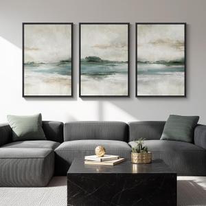 Large Framed Abstract Landscape Wall Art, 3 Piece Canvas Prints Paintings Artwork for Walls, Soft Blue and Green Nature Lake Pictures for Living Room Dining Bedroom Home Office Wall Decor 20x30 In, 20" W x 30" H x 3Pcs