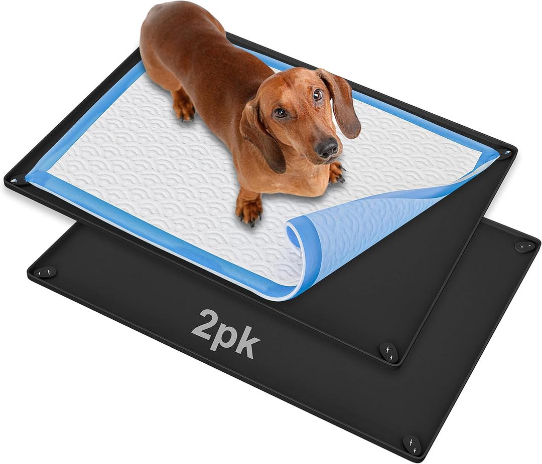 Skywin TidyFriend 2 Pk Pee Pad Holder Tray for 30 x 23 Pee Pads with Corner Lock Holes, Raised Edges, Non-Spill, Easy to Clean Silicone Dog Potty Tray Holder, for Indoor Floor Protection (Black)