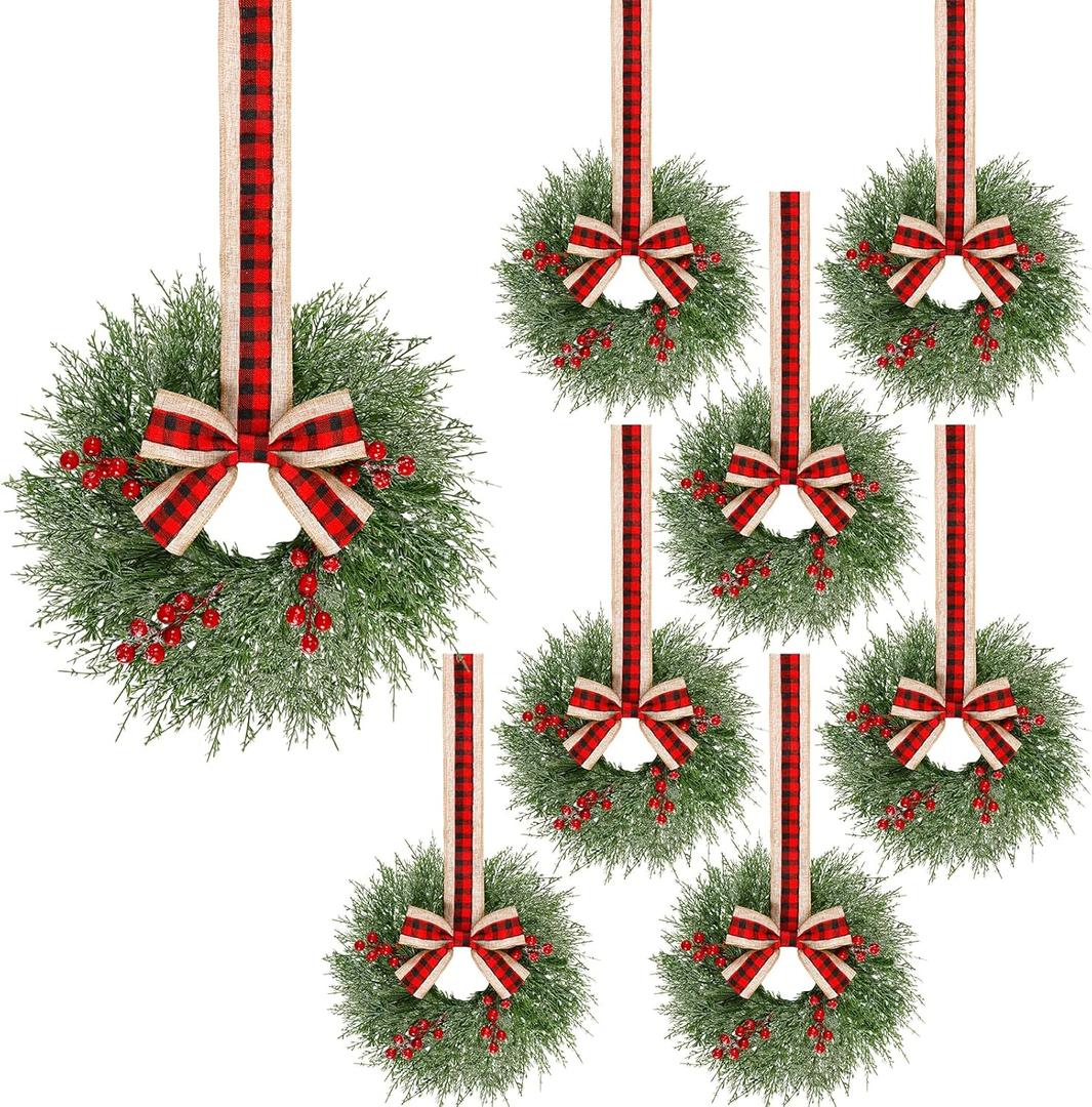 Soulchen 8 Pcs 13 Inch Small Christmas Wreath for Kitchen Cabinets Mini Christmas Wreath for Windows Winter Wreaths Candle Rings Table Centerpieces Hanging Garlands for Xmas Front Door Decorations