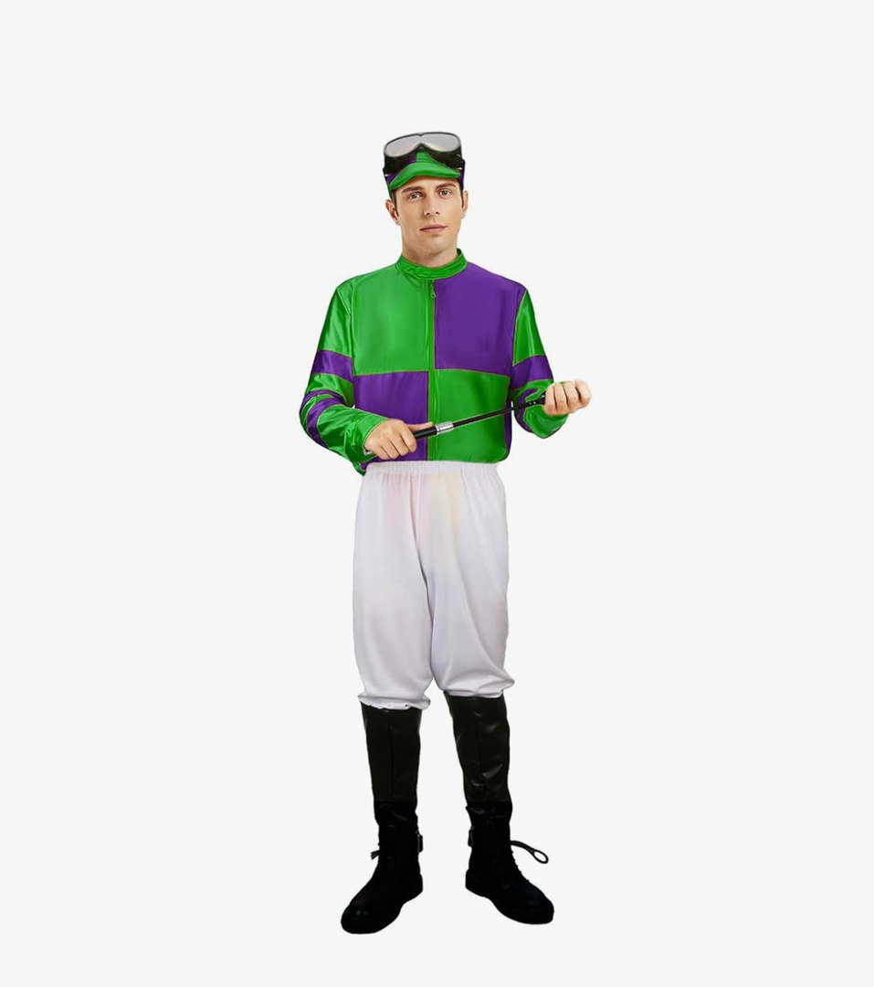 NIHONCOS 5 Pieces Men Horse Costume Halloween Cosplay Outfit Sports Cycling Suit Coat Pants Goggles Hat Boot Covers, Small