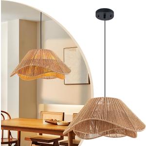 LumStory 19.7 Rattan Pendant Light Fixture Boho Farmhouse Woven Rattan Chandelier for Dining Room, 3-Light Large Bohemian Rustic Wicker Ceiling Hanging Lamp Over Table for Kitchen Island, Living Room
