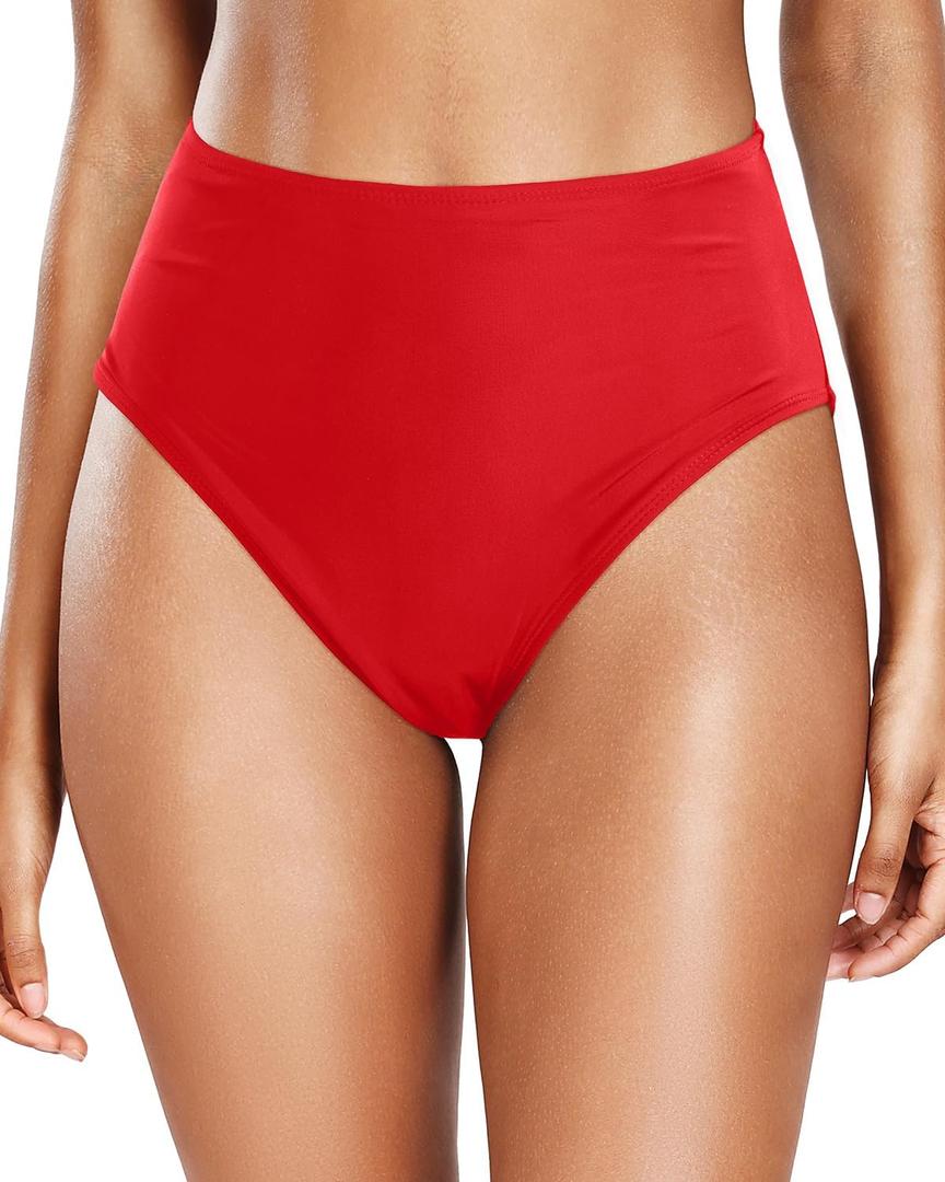Tempt Me Women's High Cut High Waisted Bikini Bottoms Tummy Control Bathing Suit Bottoms Swim Bottom Swimsuit Bottom (Large, Red)