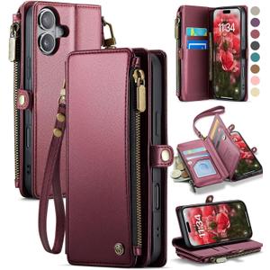 Defencase Compatible with iPhone 16 Case Wallet with RFID Blocking Card Holder for Women and Men, Fashion PU Leather Magnetic Snap Flip Zipper Strap Wallet Phone Case for iPhone 16 6.1", Wine Red