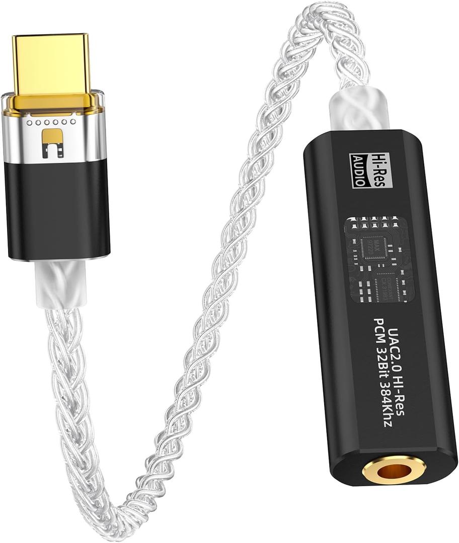 USB C to 3.5mm DAC Headphone Adapter with Dual Chip CX31993 & MAX97220, Portable Decoding Amp Hi-Res 32bit/384KHz Audio Dongle with Silver-Plated OCC Cable for iPhone, Android, Mac, IEMs Earphones