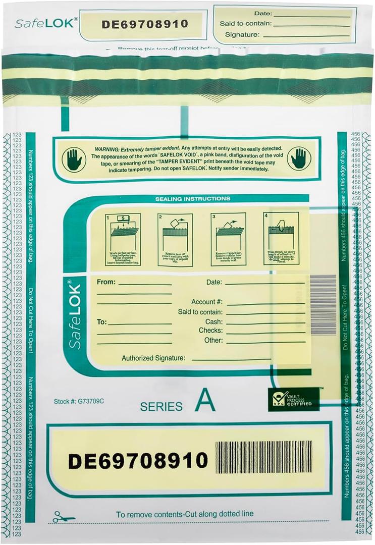 ControlTek SafeLok 9" x 12", Clear, 100 Bags, Tamper-Evident Deposit Bags for Cash Handling & Valuables, Moisture, Heat and Cold Sensitive Ink, Tear-off receipt + Large Barcodes 585087