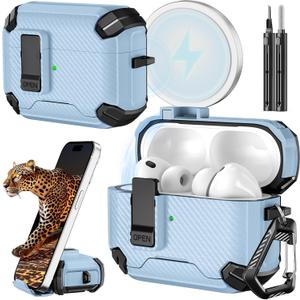 Inesore for AirPods Pro 3 Case (2025) with Phone Stand & Cleaning Kit,Compatible with Magsafe,Magnetic Automatic Lock Cover for AirPods Pro 3rd Generation (A-A-light blue)