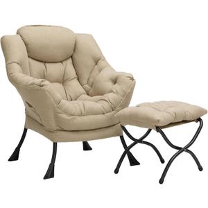 HollyHOME Lazy Chair with Foldable Ottoman, Accent Comfy Lounge Armchair and Folding Footrest Stool, Leisure Sofa Reading Chair and Footstool for Living Room, Bedroom, Dorm,Cotton-Linen Tan