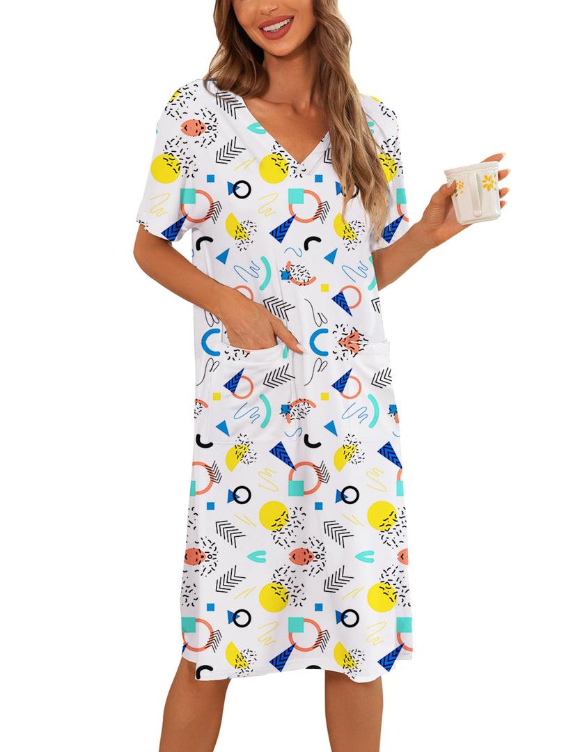 YYA Loose Nightgowns for Women Short Sleeve Sleepwear V Neck Nightshirt with Pockets Soft Pajama Dress White Print S (White, S)