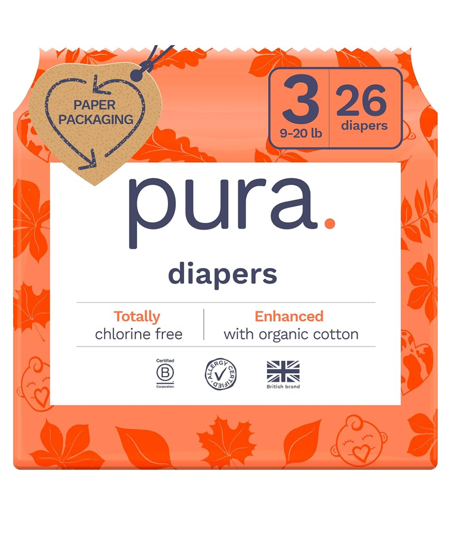Pura Size 3 Eco-Friendly Diapers, Totally Chlorine Free, Hypoallergenic, Soft Organic Cotton, Sustainable, up to 12 Hours Leak Protection, Allergy UK, 26 Count (Pack of 1)