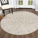 SIILOOM 5' Round Rug Washable Rug for Entryway, Cream Beige Yellow White Grey Soft Non-Slip Area Rugs Distressed Floral Low-Pile Carpet, Neutral Vintage Circle Rugs for Living Room Dining Bedroom