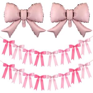 2 Set Pink Bow Balloons Garlands Banner Decoration 2 Strings of 16 Pcs Pre-strung Hanging Banners 2 Bow Balloon Pink Party Decorations for Birthday Wedding Bachelorette Party