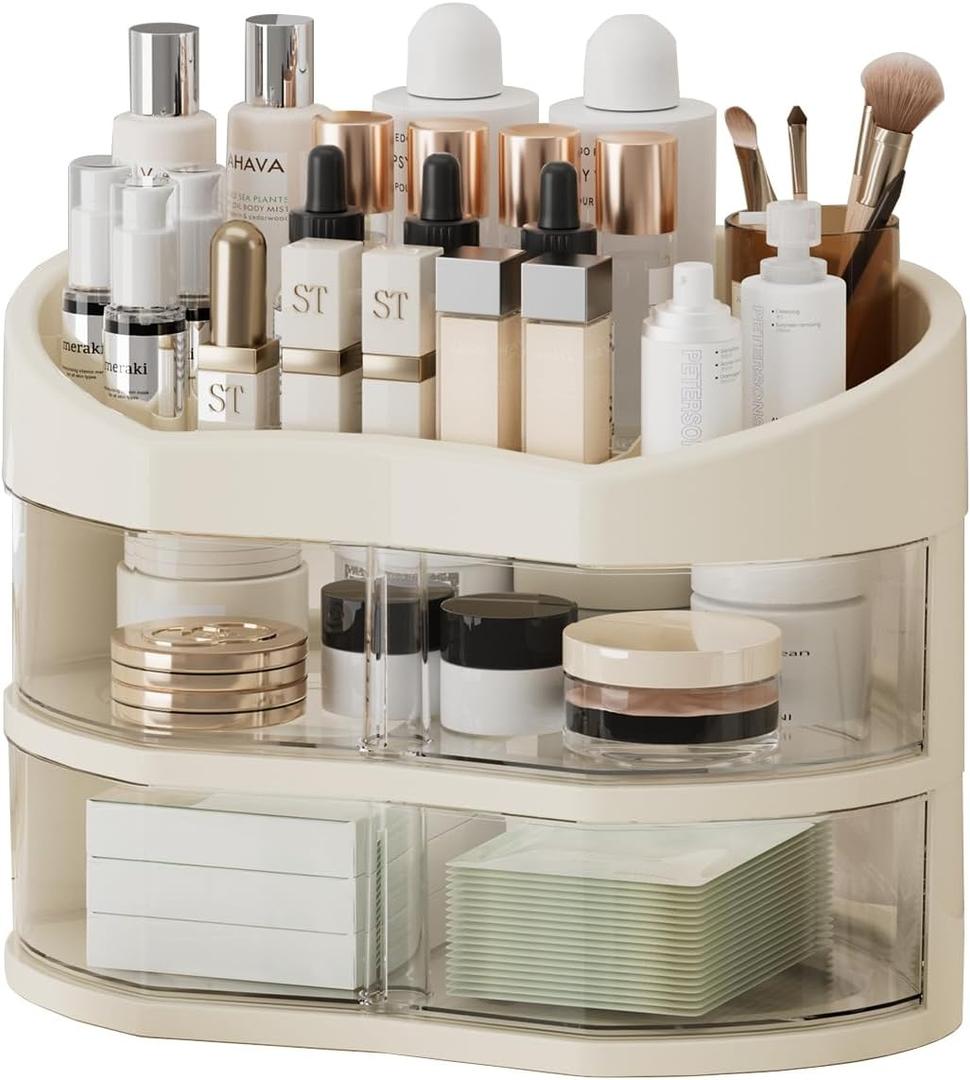 UFORU Makeup Organizer for Vanity, Countertop Organizer with 360° Rotating Drawer, Spacious Cosmetic Display Case for Beauty Essential, Skincare, Lipstick, 2 Drawers