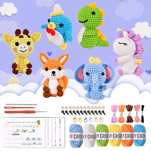 Wunila 6Pcs Crochet Kit for Beginners, DIY Craft for Adults, Great Gifts for Crochet Lovers, Crocheting Animals Kits with Step by Step Videos, Yarn, Crochet Hook, Birthday Gift, Holiday Gift (Set-01)