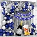 Blue and Silver Birthday Party Decorations, Blue Silver White Foil Balloons Happy Birthday Banner Fringe Curtains for 16th 18th 21st 24th 32th 40th 50th 60th Birthday Decorations for Men