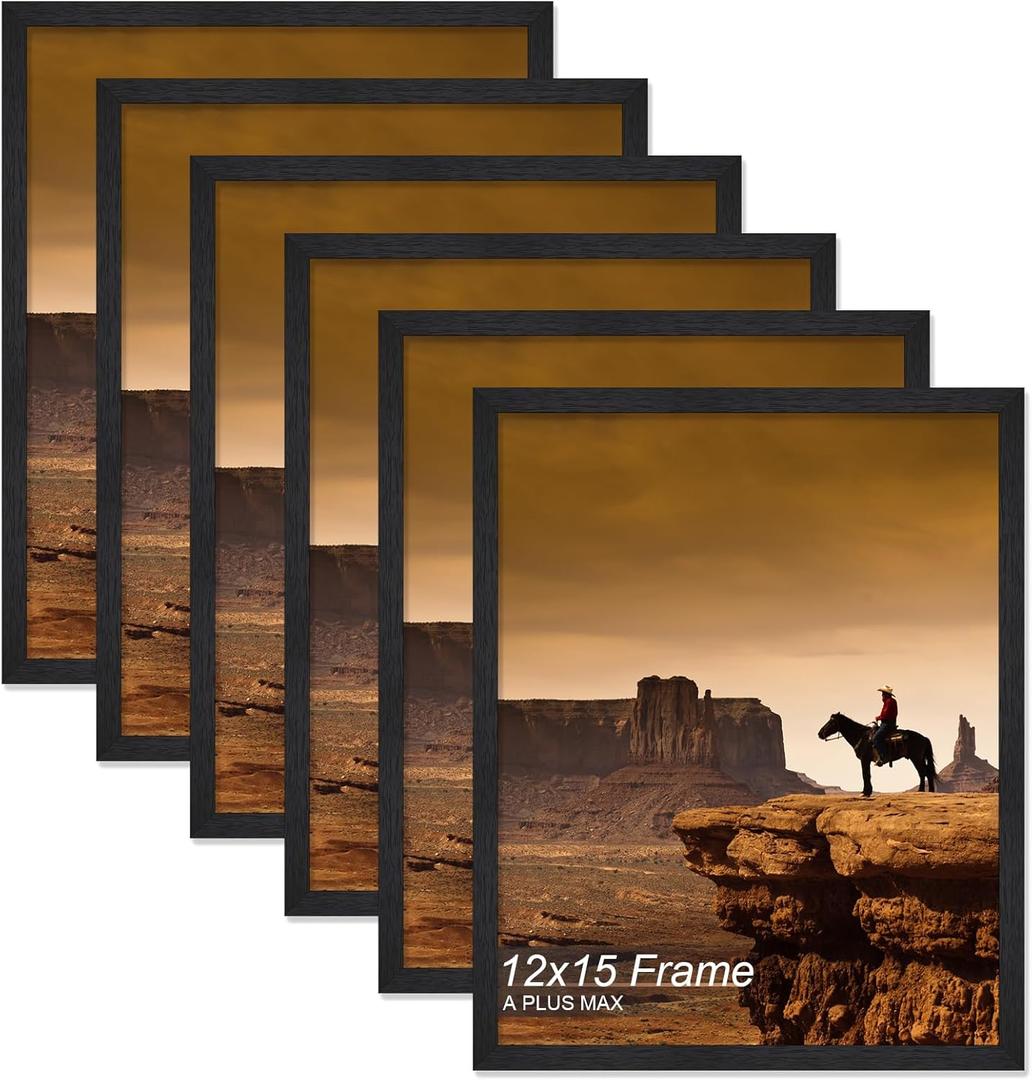 A PLUS MAX 12x15 Picture Frame Set of 6, Black Engineered Wood Frame for 12 x 15 Inch Picture Poster Photo, Light Weight 12 by 15 Frame with Wood-grain for Wall - 6 Pack/Black/12 x15