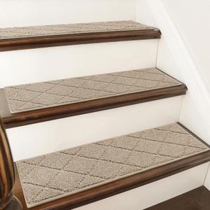 COSY HOMEER Edging Stair Treads Non-Slip Carpet Mat 28inX9in Indoor Stair Runners for Wooden Steps, Edging Stair Rugs for Kids and Dogs, 100% Polyester TPE Backing (10pc, Beige)