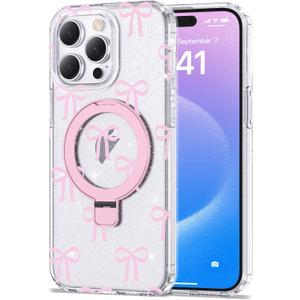 Compatible with iPhone 15 Pro Case Bow Pattern with Magnetic Ring Stand [Compatible with Mag-Safe] TPU Protective Phone Case for Women Girl, Clear Pink