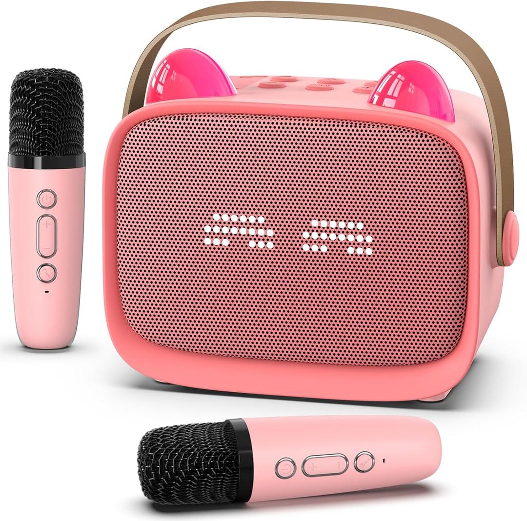 Mini Karaoke Machine Toys Gifts,Kids Portable MP3 Player with 2 Wireless Microphone and LED,Christmas Birthday Gifts for Girls Boys 3 4 5 6 7 8+ Year Old (Pink)