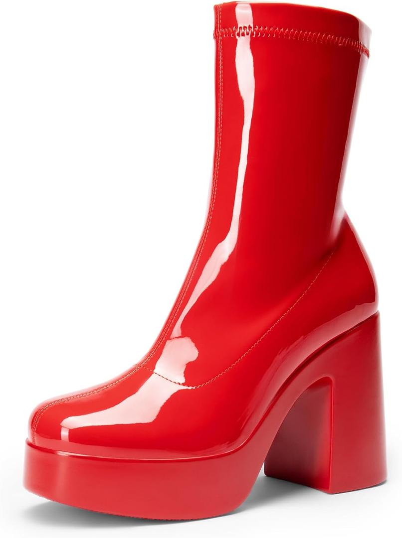 DREAM PAIRS Women's Platform Gogo Ankle Boots High Chunky Block Heel Square Toe Booties Shoes (Red), 6