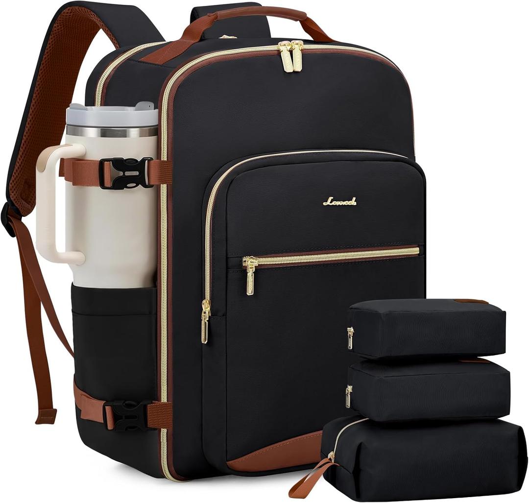 LOVEVOOK 40L Travel Backpack for Women & Men, Airline Approved Carry On Luggage with 3 Packing Cubes, TSA Overnight Bags, Waterproof Personal Item Bag, Weekender Essentials Backpacks fits 17" Laptop (Black/Brown)