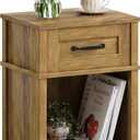 Farmhouse Nightstand with Drawer, Small Wood Bedside Table, Small Rustic Side Table, Modern End Table with Drawer, Wooden Walnut Brown Night Stand for Bedroom LET512DR