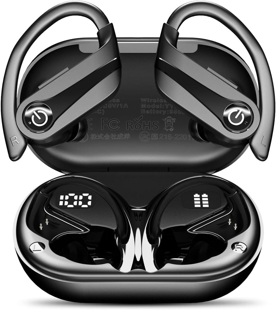 Mosyxe Earbuds Wireless Earbuds 120H Playback Bluetooth 5.4 Headphones IPX7 Waterproof Stereo Bass Over-Ear Headphones with Earhooks Microphone LED Battery Display for Sports Running Workouts