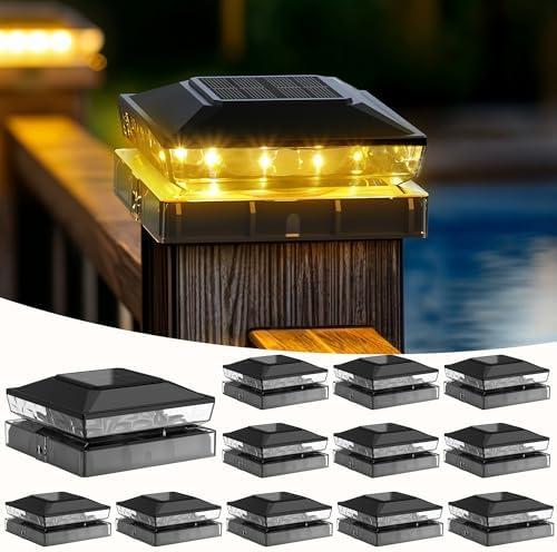 KEILAIMO Solar Post Cap Lights, 12-Pack Upgraded Outdoor Deck Fence Post Solar Lights for 4x4 5x5 Wood/Vinyl Posts, IP65 Waterproof, 10-12 Hours Warm White Glow for Garden/Patio/Porch - Black