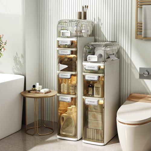 Seeday 4 Tier Slim Bathroom Storage Cabinet, Narrow Organizer with Wheels and Toilet Paper Holder, Waterproof, No Assembly Required, Perfect for Small Spaces in Bathroom, Kitchen and Living Room