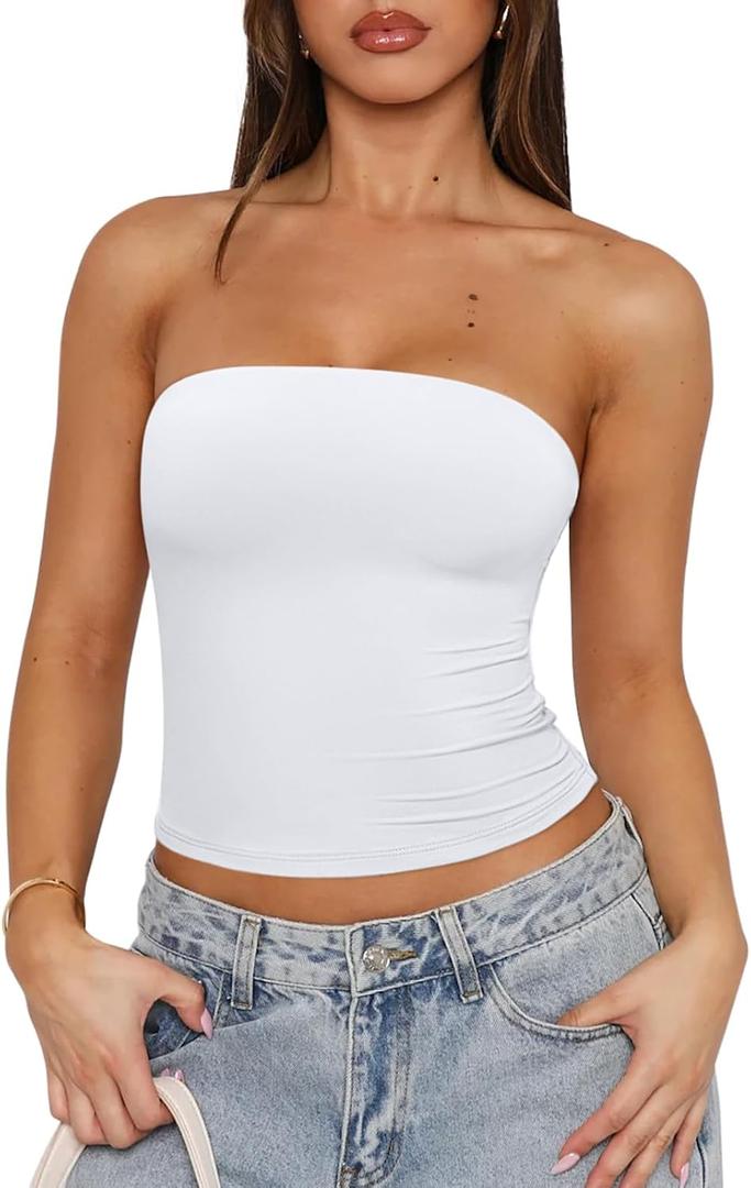 REORIA Women's Strapless Tube Top Double Lined & Non-Slip Y2K Backless Crop Tops for Summer Going Out, White Small