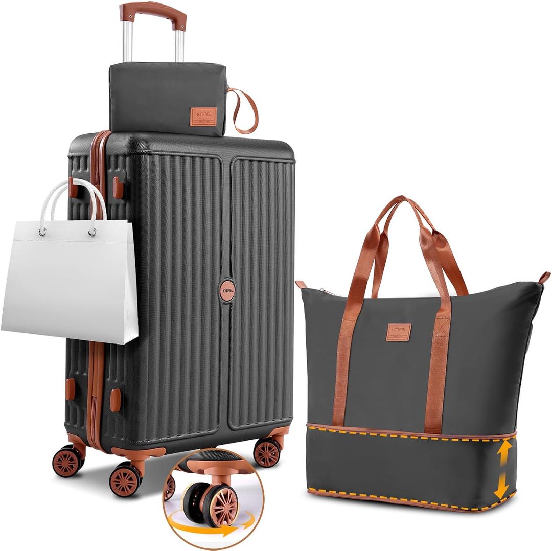 Hoteel 3 Piece Luggage Set ABS+PC Hardshell, Spinner Wheels, TSA Lock, 20" Suitcase with Travel Duffel and Travel Organizer, Black