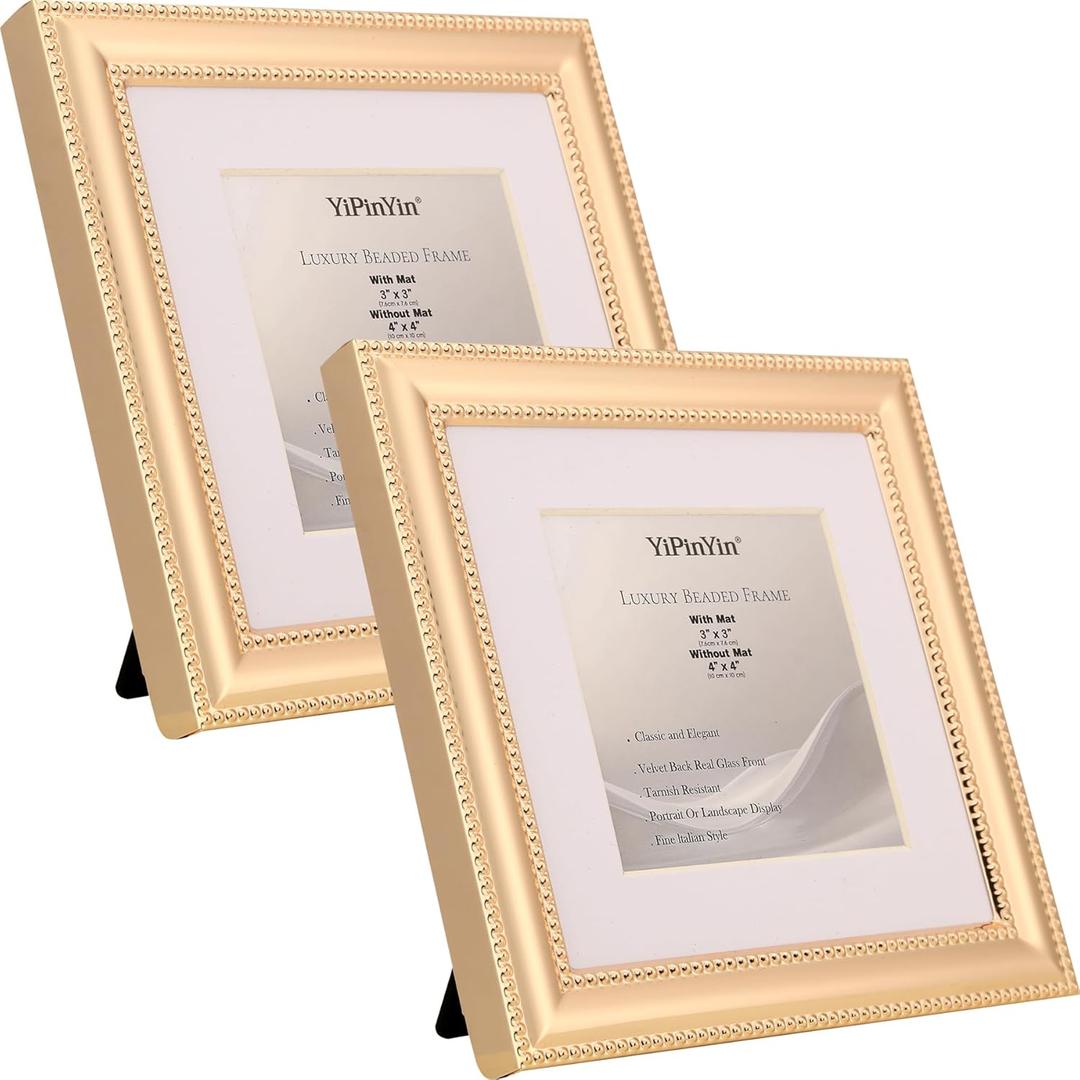 Classy Gold Plated 4x4'' Picture Frame 2 Pack,Classic Beaded Photo Frame 4x4'' Mat 3x3'',Real Glass Front and Velvet Backing,Christmas Gifts and Treasured Memories
