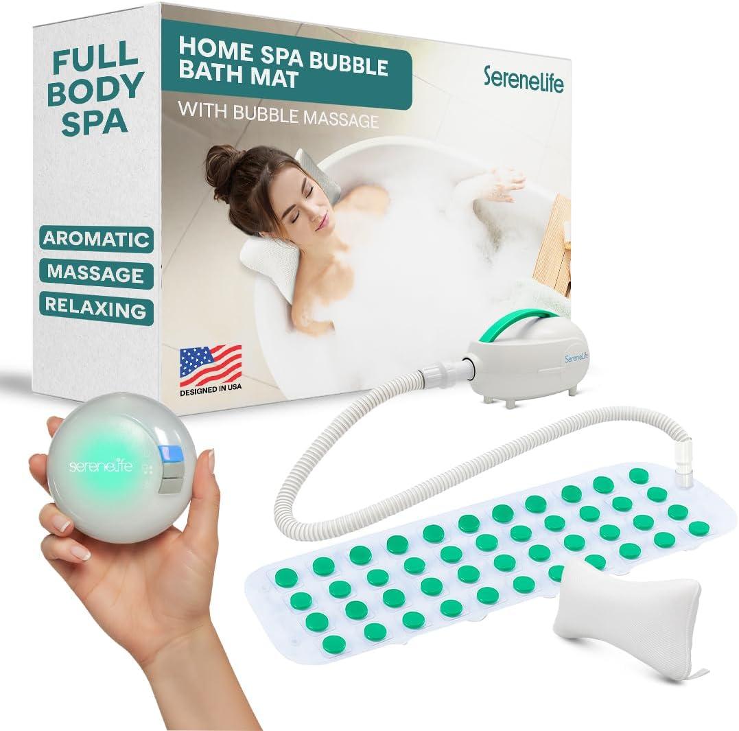 SereneLife Bubble Bath Mat - Portable Spa Bubble Bath Massager with Waterproof Bath Light & Pillow, Adjustable Bubble Intensity, Easy Button Control, Remote Control, 47" x 14.2"