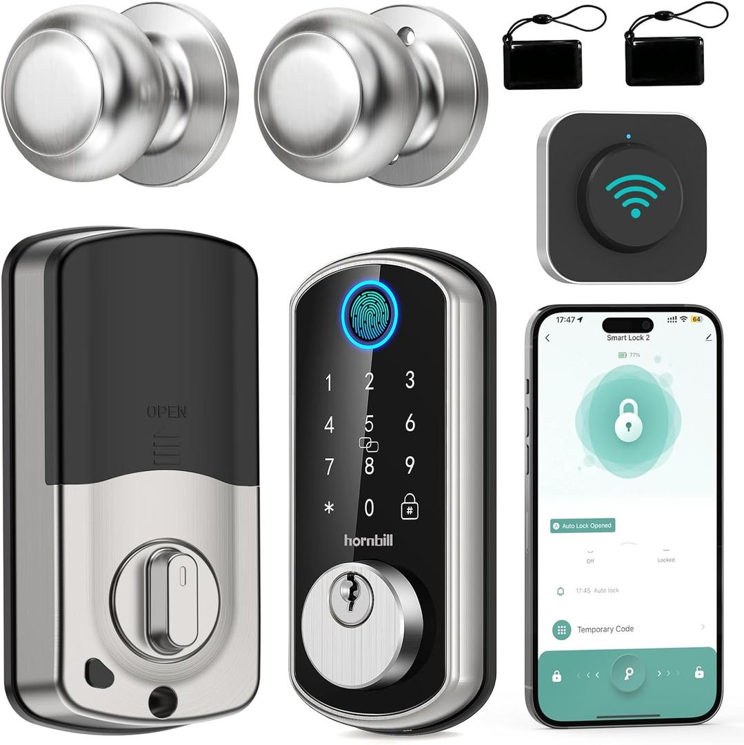 WiFi Keyless Entry Door Lock with Handle : Hornbill Silver Smart Front Door Lock,Front Door Handle Set,Smart Door Knob, Electronic Keypad Deadbolt Set with Alexa Auto Lock for Home WiFi Keyless Entry Door Lock with Handle : Hornbill Silver Smart Front Door Lock,Front Door Handle Set,Smart Door Knob, Electronic Keypad Deadbolt Set with Alexa Auto Lock for Home