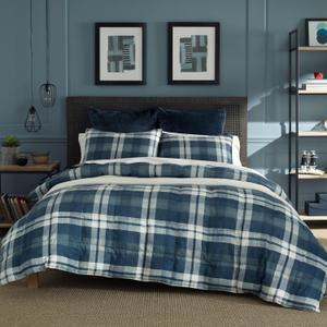 Nautica Home Ultra Soft & Cozy Microsuede Reversible Plaid Quilted Comforter Matching Shams, 3-Piece Bedding Set, Queen, Navy