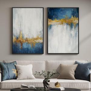 Framed Blue and White Abstract Wall Art for Living Room, Set of 2 Large Gold Modern Luxury Canvas Artwork for Walls, Contemporary Minimalist Painting Print Wall Decor for Bedroom Office, 24x36 Inch