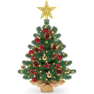 [ 8 Modes & Timer] 24 Inch Small Tabletop Christmas Tree with 50 Warm White Lights Star Treetop and Ornaments Artificial Mini Christmas Tree Indoor Home Table Christmas Decorations (Green)