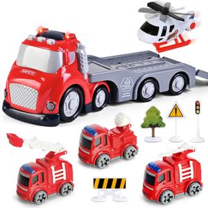 Toddlers Truck Toys,Boy Toys Gifts for 1 2 3 Years Old,5 in 1 City Fire Transport Truck with Lights & Sounds,Ideal Birthday for Baby Toddler 12-18M+ (Red)