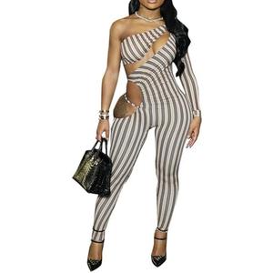 VOIKERDR Womens Jumpsuit Skeleton Single Long Sleeve Striped Print Jumpsuit Party Sexy Outfit for Women Going Out L