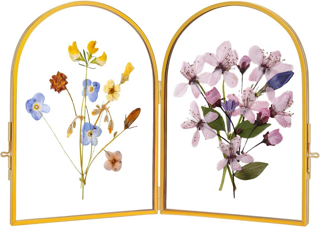 REDHUGO Double Glass Frame for Pressed Flowers Handmade, Pressed Flower Frame, Hinged Tabletop Brass Photo Frames, Dried Flower Display Folding Picture Frame for Home, ArcShaped, Gold, 46 Inches