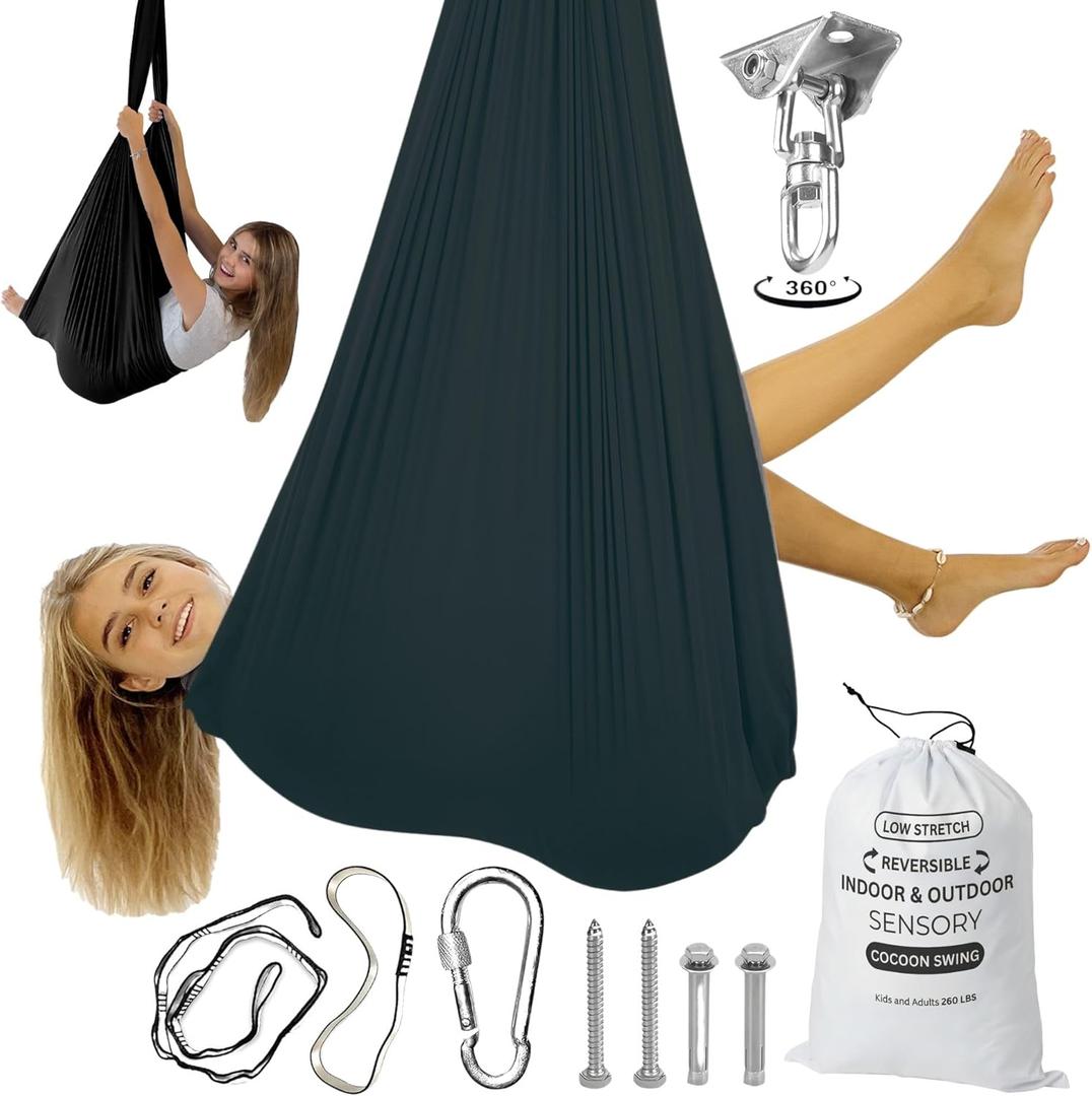Double Layer Reversible Sensory Swing | Outdoor and Indoor Swing for Kids and Adults Up to 260 lbs | Autism Cocoon Swing | Kids Sensory Swing (Black)