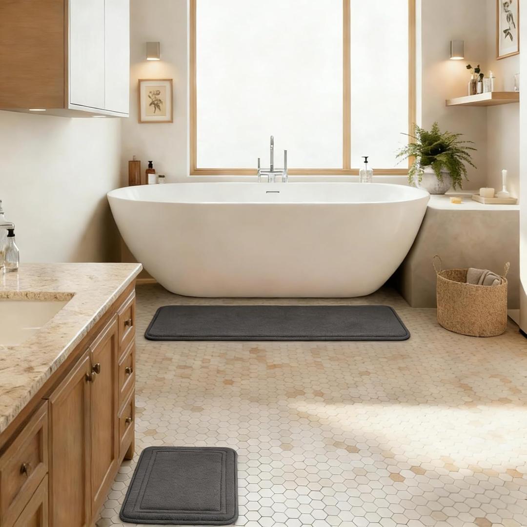 Grey Bathroom Rug Set of 2 Memory Foam Bath Mat Runner Set Non Slip Washable Floor Mats Soft Absorbent Plush Microfiber Shower Tub Bathmat Gray (17 in x 24 in and 16 in x 47 in)