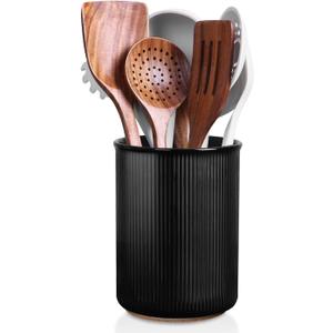LoeJan Utensil Holder, Extra Large Utensil Crock, Stable Ceramic Utensil Organizer, Cooking Tool Organizer Set for Kitchen Counter Farmhouse Decor (F-6.7" Black)