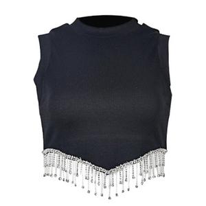 Women Mock Neck Crop Top Rhinestone Fringe Tank Tops Raceback TShirt Sleeveless Crop