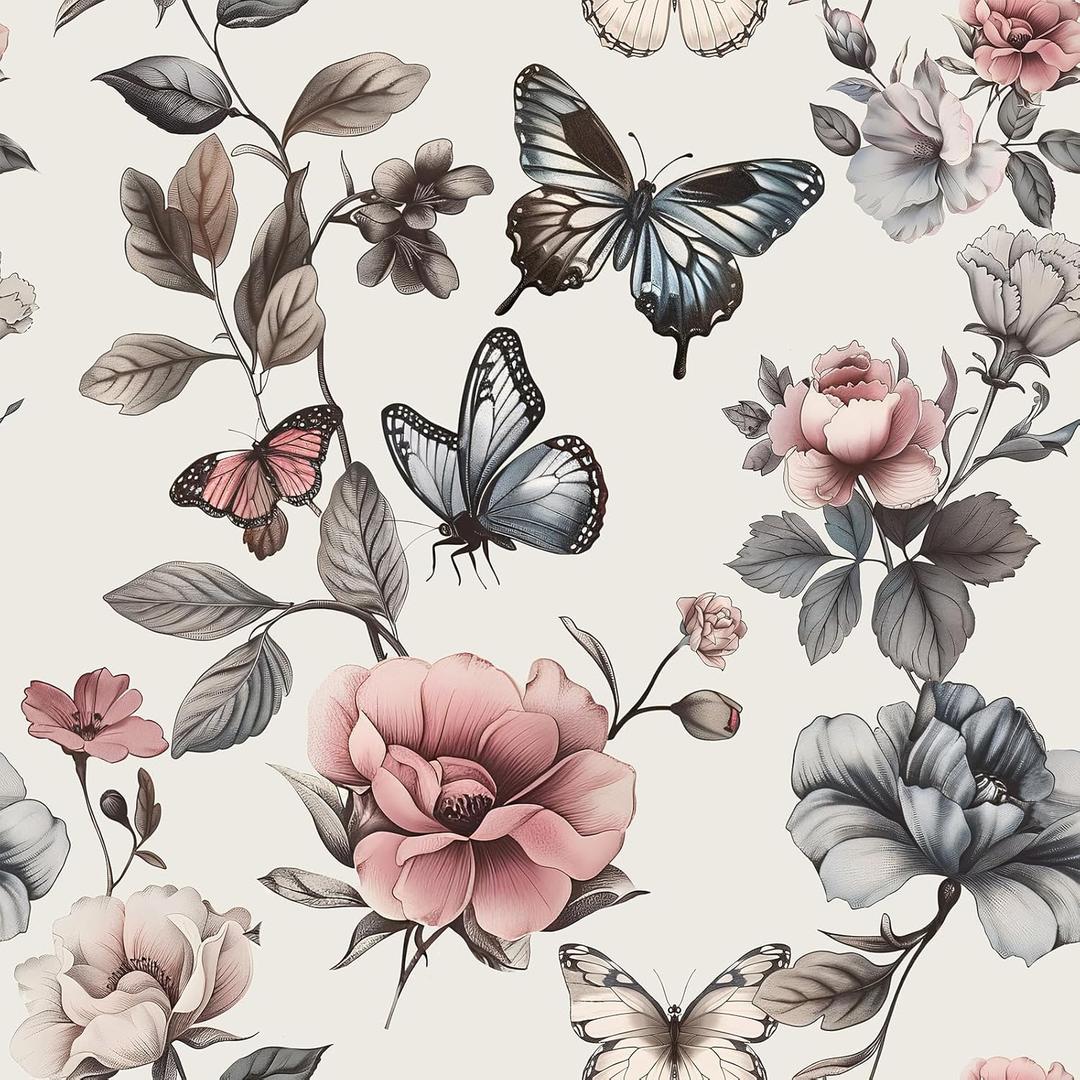 Floral Wallpaper Peel and Stick Wallpaper 17.3"x197" Boho Contact Paper for Cabinets and Drawers Colorful Self Adhesive Removable Wall Paper for Bedroom Butterfly Flower WallPapers Vinyl Roll