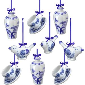 Funtery 9-Piece Blue & White Porcelain Ornaments - Chinoiserie Fall Pumpkin Decor Hanging Pendants - Ceramic Christmas Tree Ornaments for Christmas & Autumn Decoration (Vivid Style)