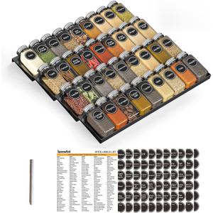 SpaceAid Spice Drawer Organizer with 36 Spice Jars, 386 Spice Labels, 4 Tier Seasoning Rack Tray Insert for Kitchen Drawers, 16.75" Wide x 17.5" Deep