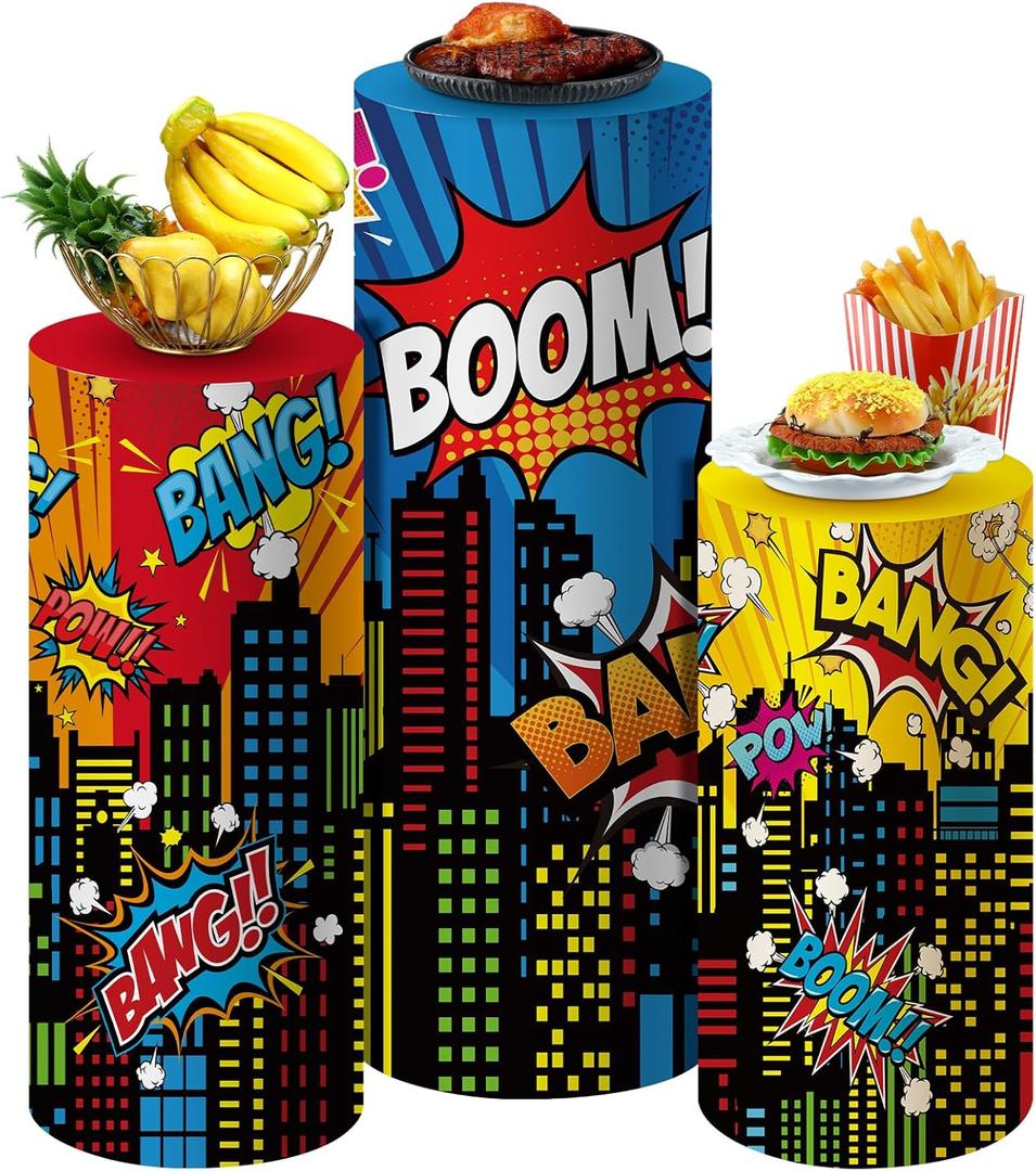 3 Pcs City Theme Hero Party Supplies Hero Cylinder Pedestal Stand Covers Spandex Plinth City Covers Cityscape Buildings Decor for Birthday Party Shower Props Decor