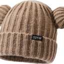 2 x Adult Knit Beanie Hat, Winter Bear Ears Hat Warm Knitted Fleece Lined Woollen Ski Pompom Hat